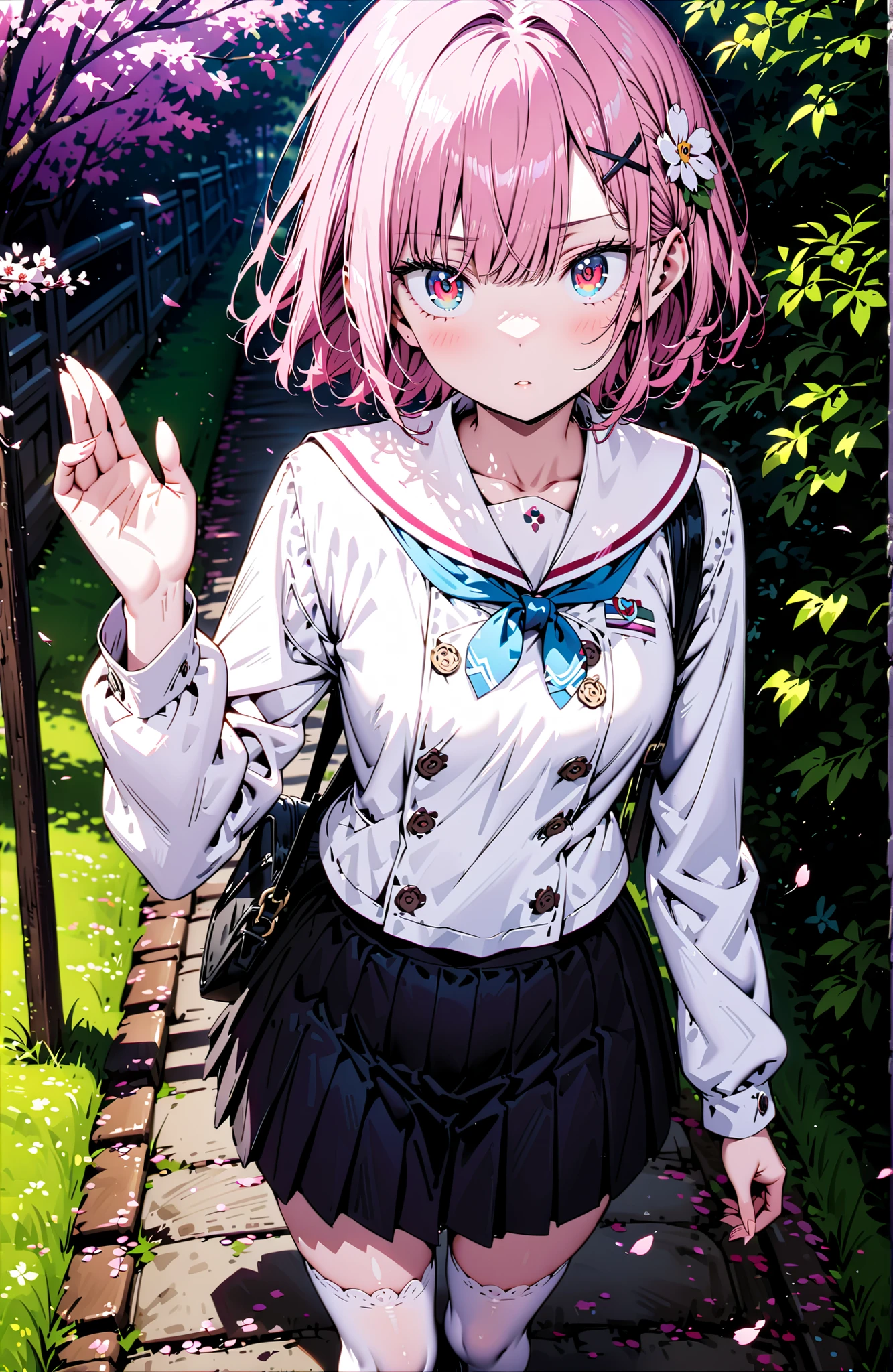 Ram, hair flower, Hair Ornament, hair on one eye, pink hair, Red Eyes, short hair, x Hair Ornament,white sailor suit,long sleeve, black mini pleated skirt ,white thigh high socks,loafers,Student bag 1 :1,cherry blossoms,is walking,morning,full bodyがイラストに入るように,break looking at viewer,full body,
break outdoors, residential area,
break (masterpiece:1.2), best quality in bronze, high resolution, Unity 8Kの壁紙, ( illustration :0.8), (beautiful detailed eyes:1.6), highly detailed face, perfect lighting, highly detailed CG, (perfect hand, perfect anatomy),