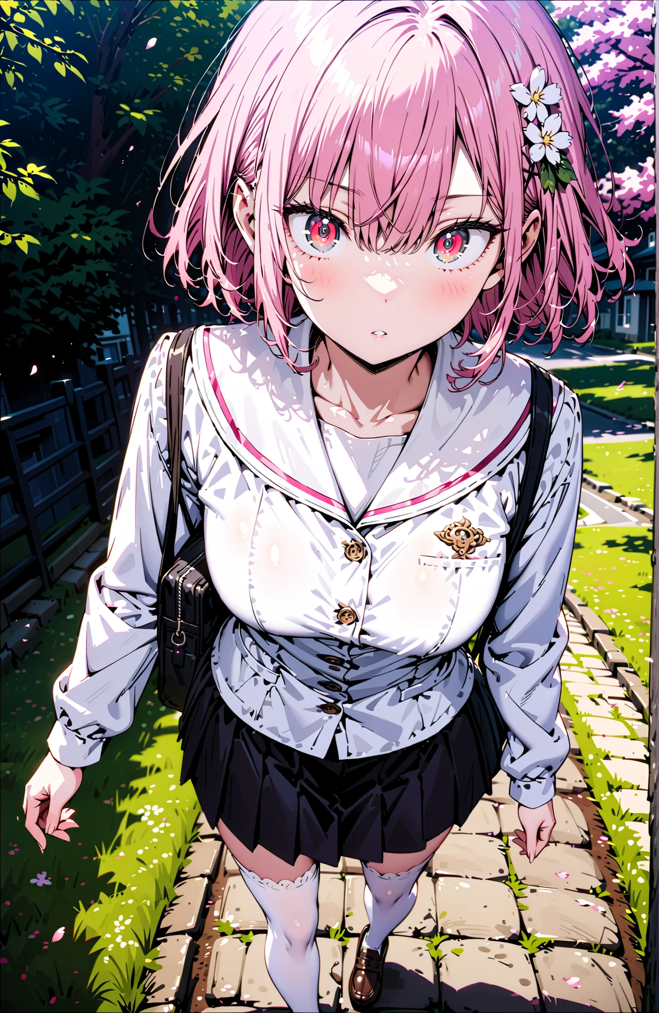 Ram, hair flower, Hair Ornament, hair on one eye, pink hair, Red Eyes, short hair, x Hair Ornament,white sailor suit,long sleeve, black mini pleated skirt ,white thigh high socks,loafers,Student bag 1 :1,cherry blossoms,is walking,morning,full bodyがイラストに入るように,break looking at viewer,full body,
break outdoors, residential area,
break (masterpiece:1.2), best quality in bronze, high resolution, Unity 8Kの壁紙, ( illustration :0.8), (beautiful detailed eyes:1.6), highly detailed face, perfect lighting, highly detailed CG, (perfect hand, perfect anatomy),