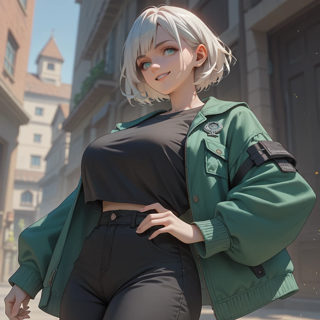Anime girl with short white hair ,turquoise eyes,Big breasted green jacket ,black t-shirt,black pants,with an archer's bow in his hand ,smiling