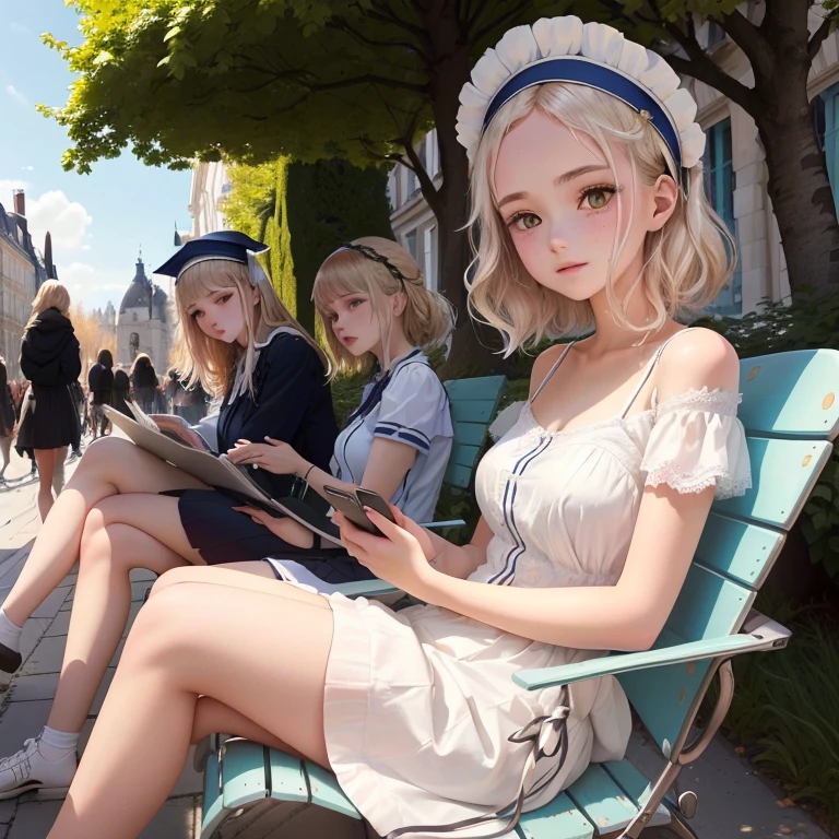 Ceci est Ema, Jeune étudiant universitaire, peau mixte, cheveux bouclés, image corporelle entière, vêtements décontractés, expression sereine, profondeur de champ, visage joyeux, Prendre un café, assis sur une chaise de parc