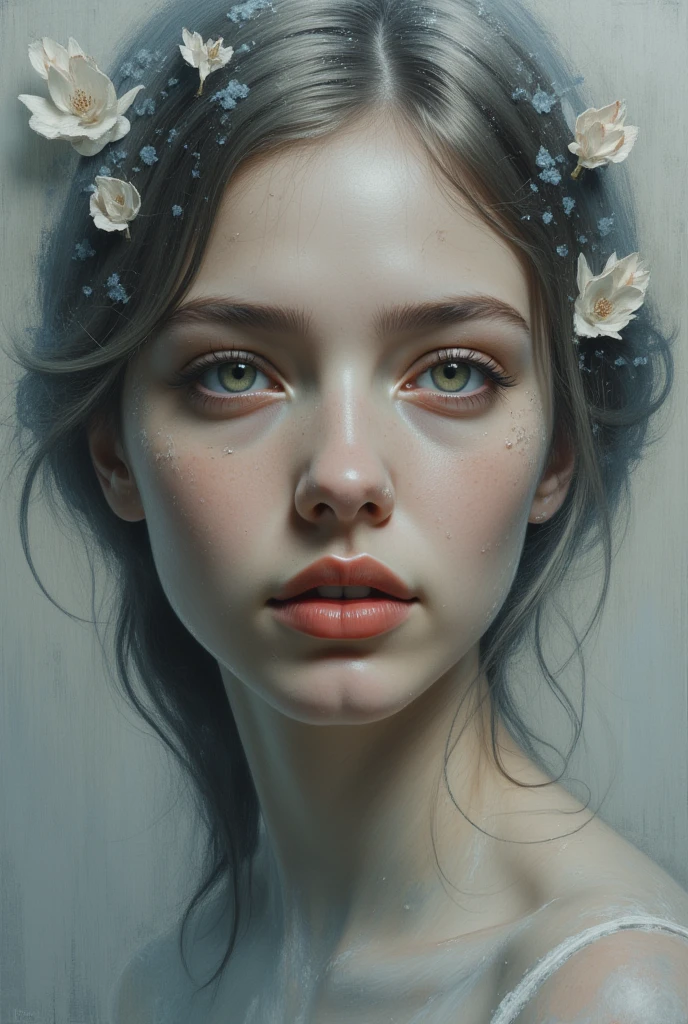 an abstract portrait of a young English lady showing only the face which appears to be raising from the canvas