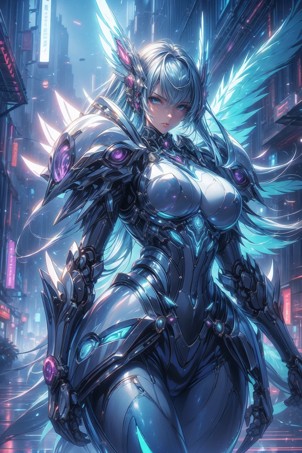 (masterpiece, best quality, ultra detailed, beautiful illustration), atmospheric perspective, depth of field, looking at viewer, beautiful detailed eyes, anime eyes:1.4, (cowboy shot), fighting stance, dynamic angle, (outdoors, sky:1.5, night, giant moon, flying:1.5, high in the sky:1.5, high above the city:1.5, flapping wings:1.5), 1girl, (:d), mature woman, (huge breasts:1.2), <lora:AGirl_v1:1>, (red hair, extremely long hair:1.5, low ponytail:1.5 viridian green eyes), (Heroic and heroic girl:1.4), sky, (wing, wings with fans, graphics card fan), strong woman mecha warrior, mighty and domineering, cool mecha, ((mecha:1.5, turquoise color scheme:1.8, turquoise armor:1.8, dark grey armor:1.8, carbon armor:1.5)), (holding sword, glowing lights, glowing blade:1.5, longsword:1.5, futuristic sword:1.5)