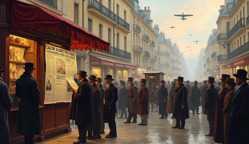 Artistic scene: French newspaper with headline about the Wrights’ success, surrounded by citizens reading.