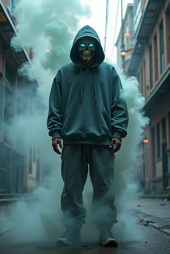 (photorealism:1.2), A surreal and striking photograph captures an exceptionally tall man dressed in a captivating and eccentric ensemble. The man wears a grey bomber jacket with mint green shoulder pads and painted lines extending towards his hand, creating a unique mint green epaulette effect. His attire is complemented by yellow gloves, a black t-shirt featuring an alien abduction scene, dark blue jeans, and white sneakers adorned with red accents. The standout piece of his outfit is a large, classic mint green latex alien mask that fully envelops his head, drawing inspiration from ancient extraterrestrial characters. A flowing green large scarf wrapped around his neck adds to the distinctive style of his ensemble, the scarf is flowting . The dreamlike background, a mesmerizing blend of abstract shapes and colors, enhances the supernatural ambiance and mysticism that envelops this captivating and otherworldly scene.