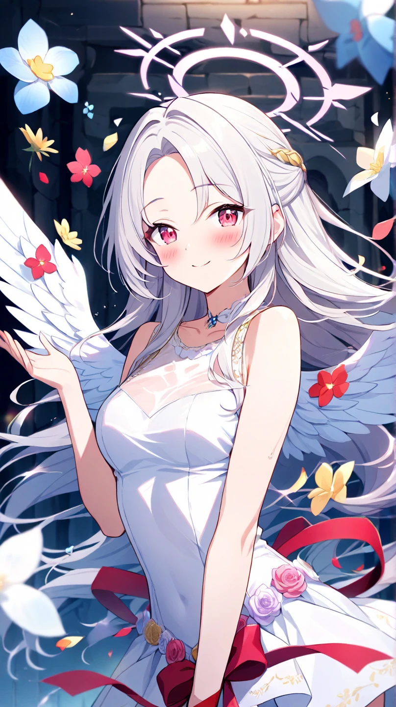 Women, red eyes, white long wavy hair, with white dress, wearing a flower decoration on his head, like a fallen angel. smile. mature women. long dress