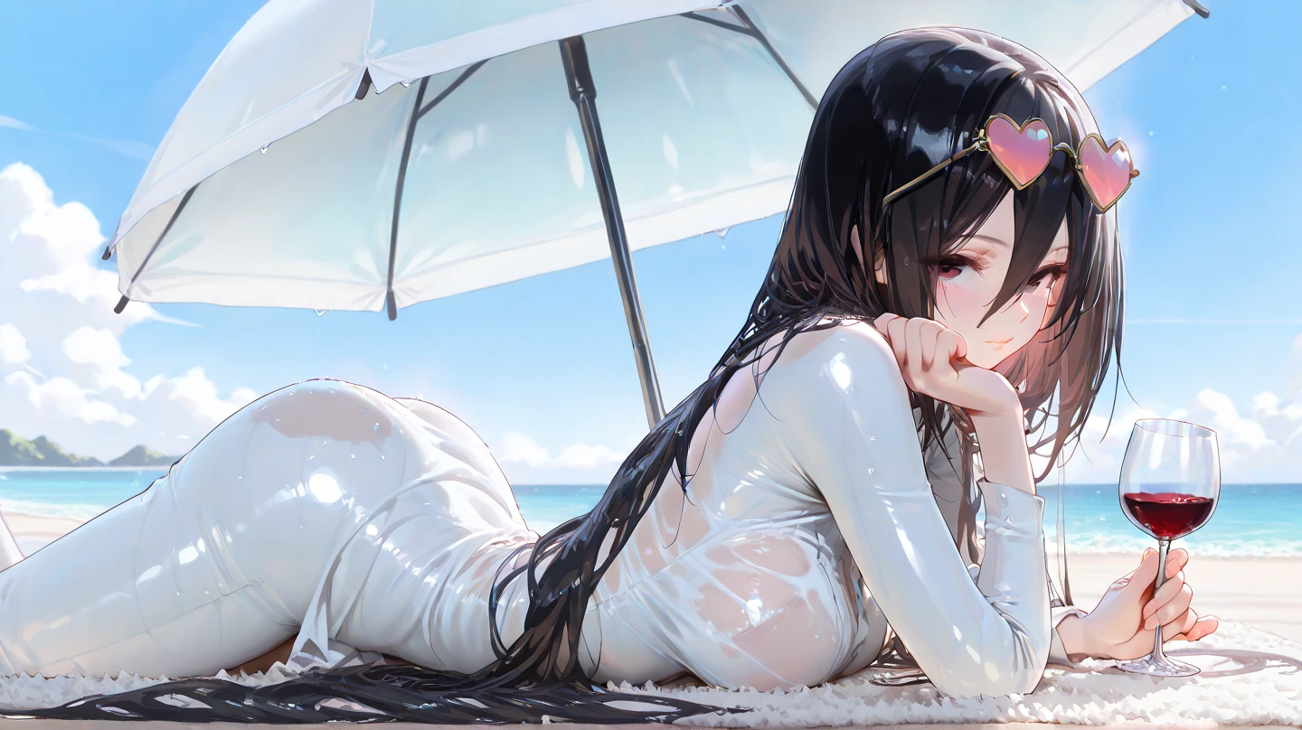 ((Sheer old school swimsuit、From below:1.3、Place your hands between your legs:1.3))、Absurd、Detailed Hair、Flat lighting、Sexy pose、Highest quality、Intricately detailed、Surreal、perspective, Very detailed, Detailed Background, figure、1 Girl、 Body Type、Small breasts、low length、ponytail、Sitting、Dynamic pose、(Sideboob、Protruding areola、Open pussy under swimsuit:1.5)、(blush、Embarrassing:1.4),(cum in as:1.3)