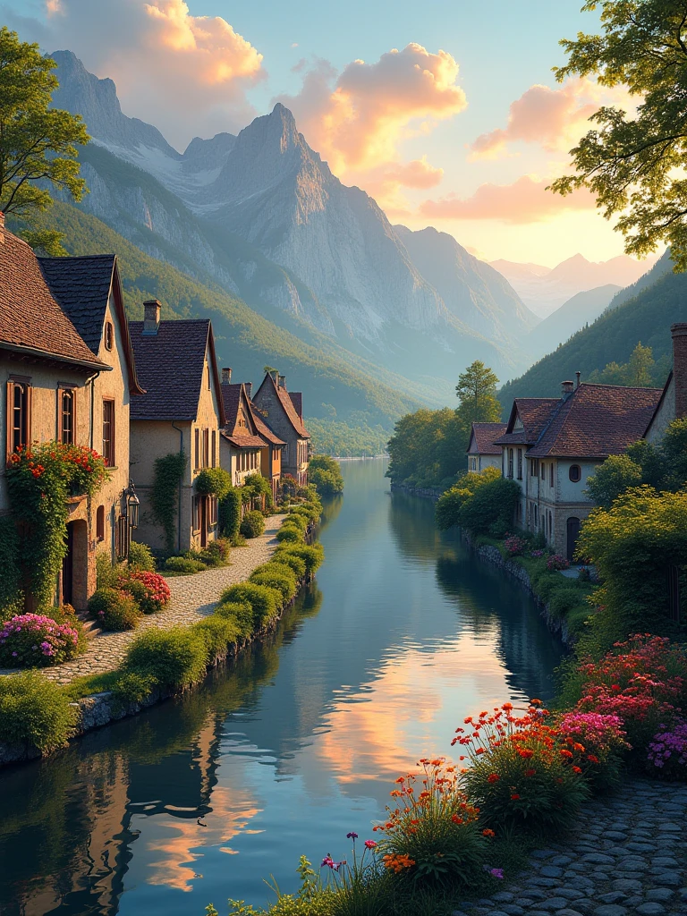 a small village by the river, mountains in the background, fleurs florales colorées,  detailed landscape , Beaux paysages naturels, atmospheric lighting, coucher de soleil brûlant, warm colors, pratique, photorealistic, Detailed foliage ,  complex buildings, Cobblestone street, Charming country house, bright swirling colors, lush vegetation,  Reflections of still water, Pittoresque, idyllique,  work of art, best quality, 8k, extremely detailed, style anime.