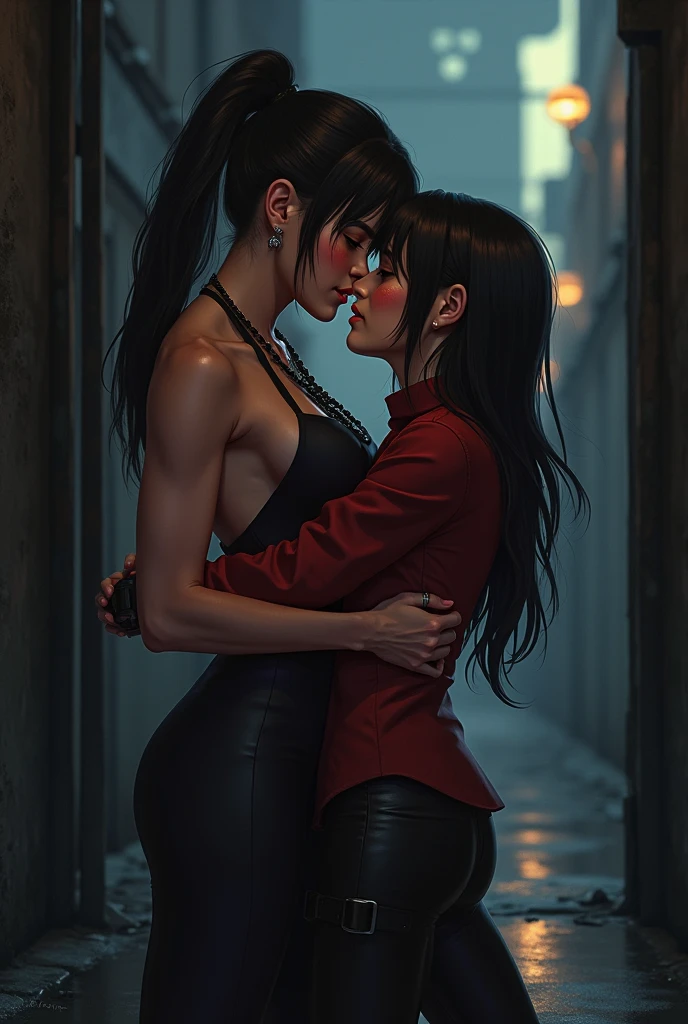 thick outlines, (vibrant shadows), deep shadows, detailed eyes, full height, (high quality), high detailed background, (realistic shadows), HD shadows, masterpiece, high detailed face, high detailed finger, older girl, ((megane)), (((dark blue hair))), ((ahoge)), (yellow eyes), ((disheveled hair)), ((short hair)), (((skinny body))), (slim waist), ((narrow hips)), skinny legs, (slender legs), medium breast, 2 girl, ((identical twins)), (twins), ((yuri)), (realistic style), curvy, busines suit, naked jacket, thight pants, thight jacket, (detailed), two tomboys, cityscape, (kissing:1.2)