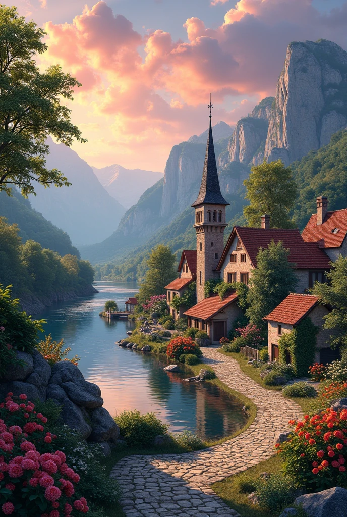 a small village by the river, mountains in the background, floral flowers colorful, detailed landscape, Beautiful natural landscapes, atmospheric lighting, scorching sunset, warm colours, practical, photopractical, Detailed Foliage, complex buildings, cobblestone street, Charming country house, swirly vibrant colors, lush vegetation, Still water reflections, Picturesque, idyllic, work of art, best qualityer, 8k, extremely detaild,anime styling