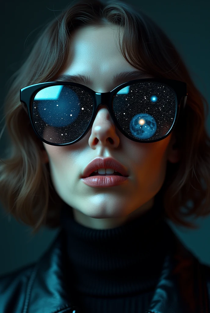 The model wears glass sunglasses generates an image of POLITICAL CHARACTERISTICS of IT. with stars and the moon on the glass 