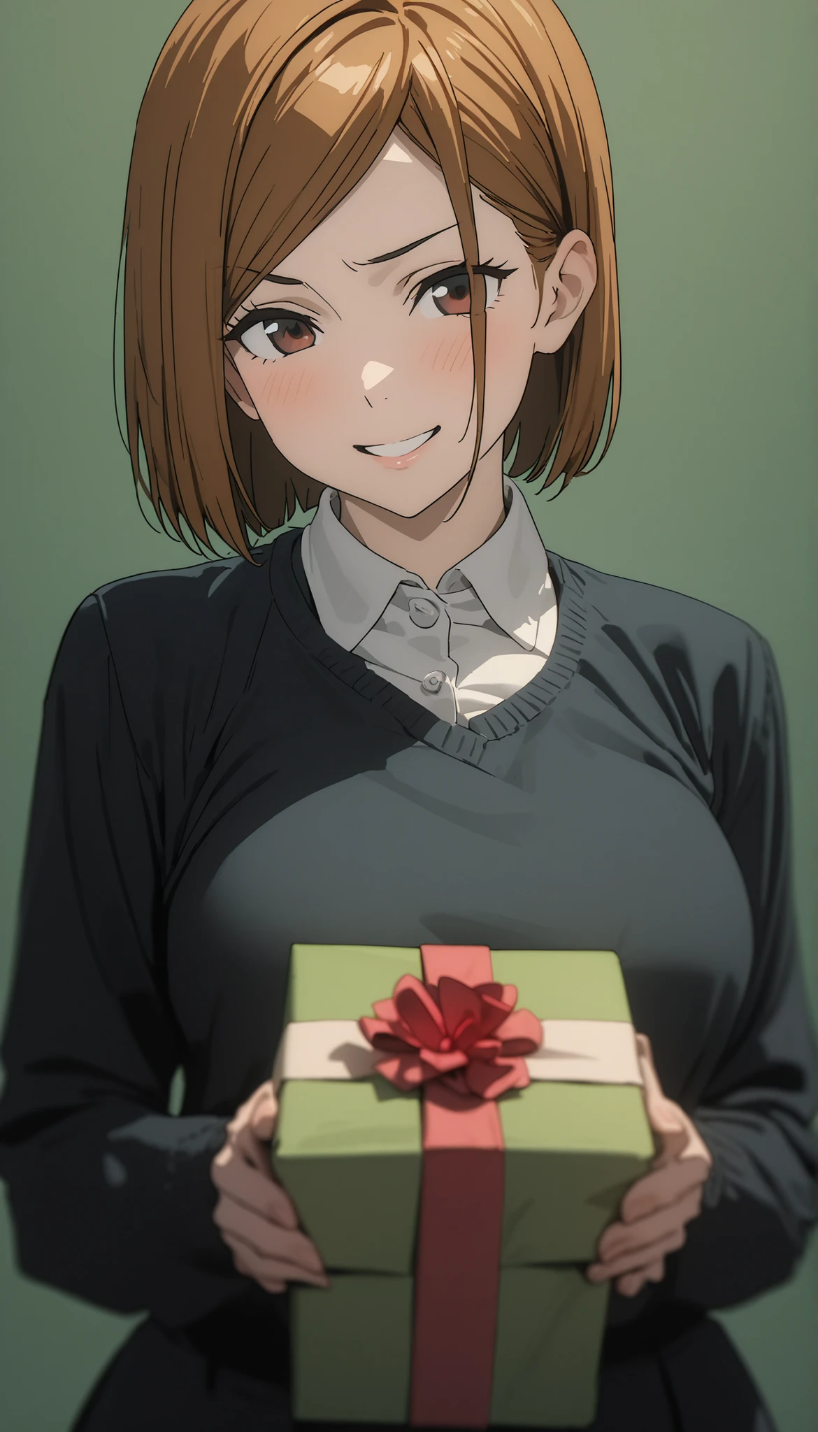 8k,masterpiece,highest quality,Woman,alone,KUGISAKI NOBARA,smile,brown hair,Stick to a big Gift Coated,green background