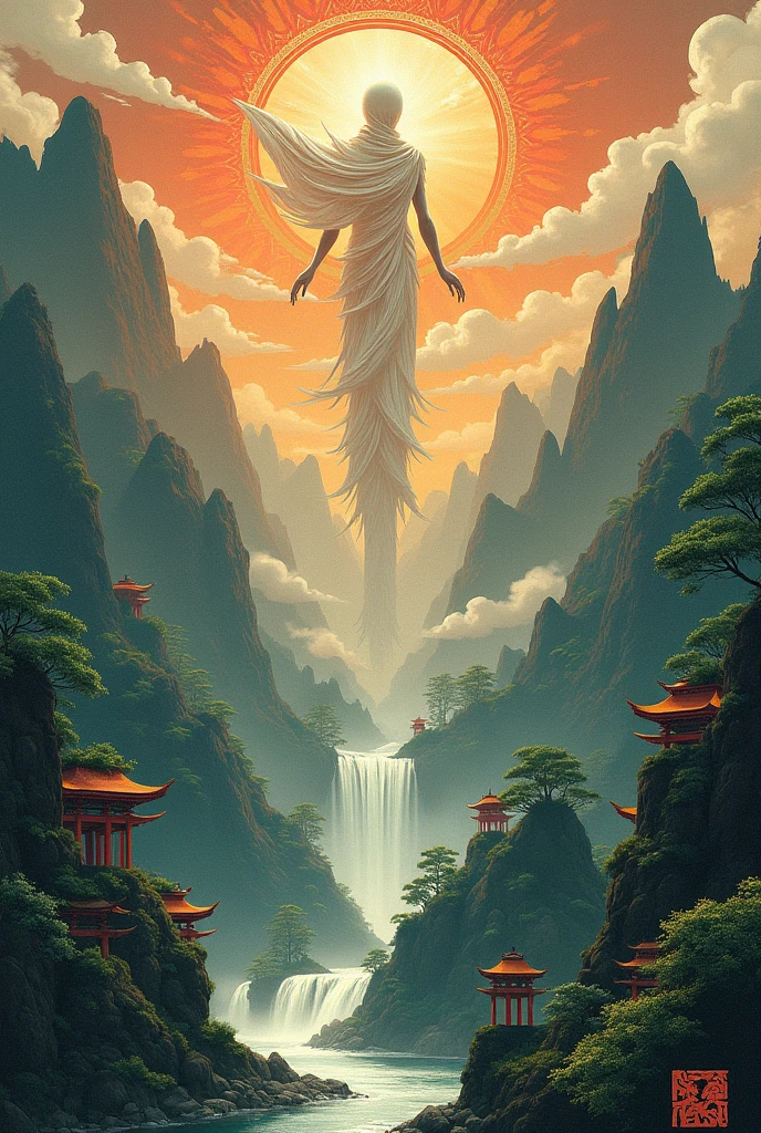 Balance between nature, humanity and
 The divine set in mythology
 Japanese, Make it abstract.
