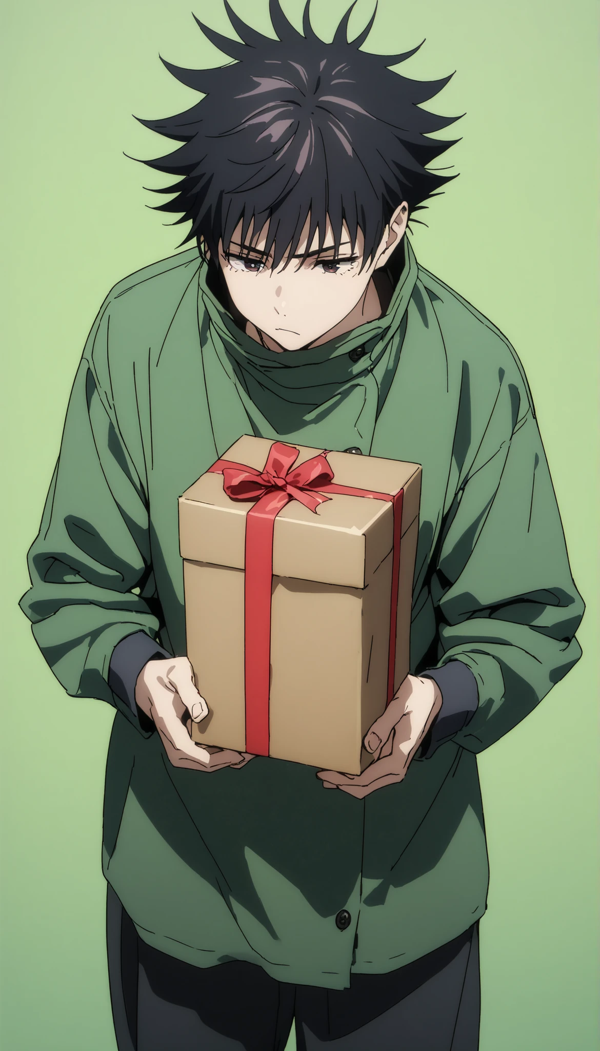 8k,masterpiece,highest quality,Man,alone,Megumi Fushiguro,black hair,Stick to Gift Coated,green background
