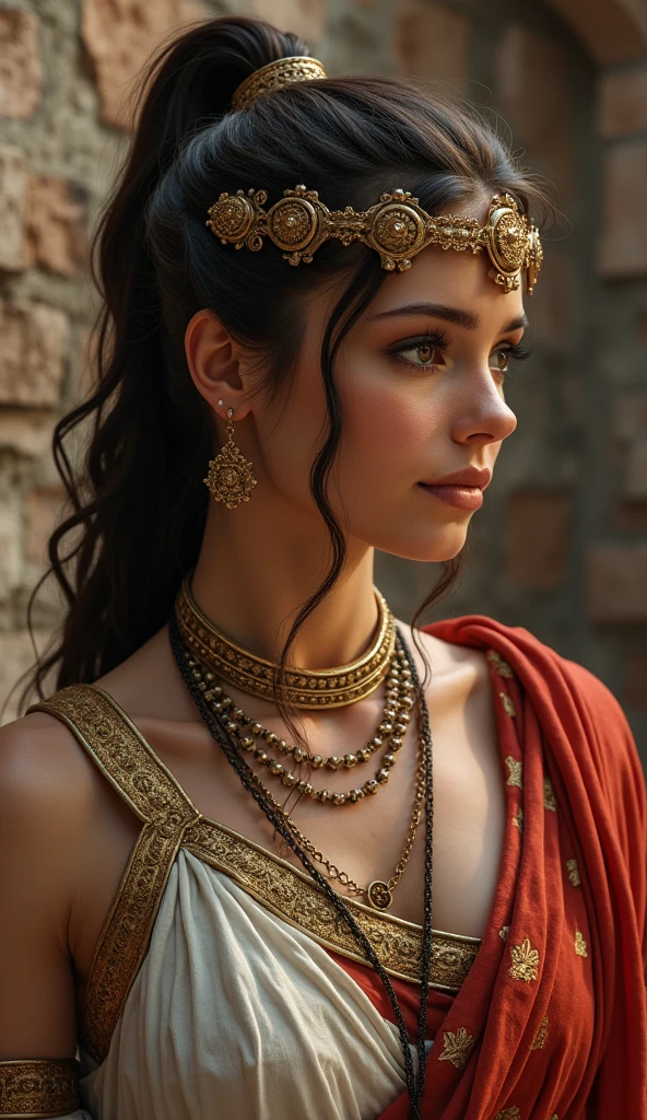 Create highly realistic images of characters from ancient Roman and Greek periods, showcasing intricate details and textures, set against weathered stone, marble, or terracotta backdrops, with atmospheric lighting that evokes a sense of historical authenticity, featuring individuals with distinct facial features, varied skin tones, and ornate clothing, adornments, and accessories that reflect the cultural and social status of their time, with a focus on capturing the subtleties of human expression and emotion, as if the characters have stepped out of the pages of history.