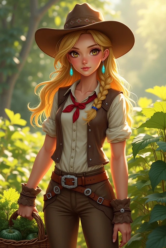 AppleJack, AppleJack from my little pony, AppleJack in the form of a girl, long hair, lush hair, steampunk, steampunk machinery, golden gears, not human, gear leather, cowboy boots, full-length, cowboy hat, apple earrings, on a farm with apple trees, steampunk style, a lot of magic, lightning nets, best quality, very detailed, ultra 8k resolution
