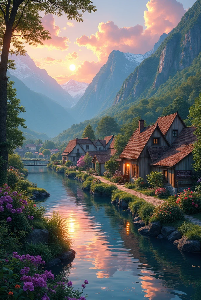 Small village by the river, mountains behind, colorful flowers, detailed landscapes, beautiful natural scenery, atmospheric lighting, scorching sunsets, warm colors, practical photography, detailed leaves, complex buildings, cobbled streets, charming country houses. Vivid colors, lush vegetation, reflection of water, ideal gorgeous pictures, 8k best quality artwork, very detailed, anime style