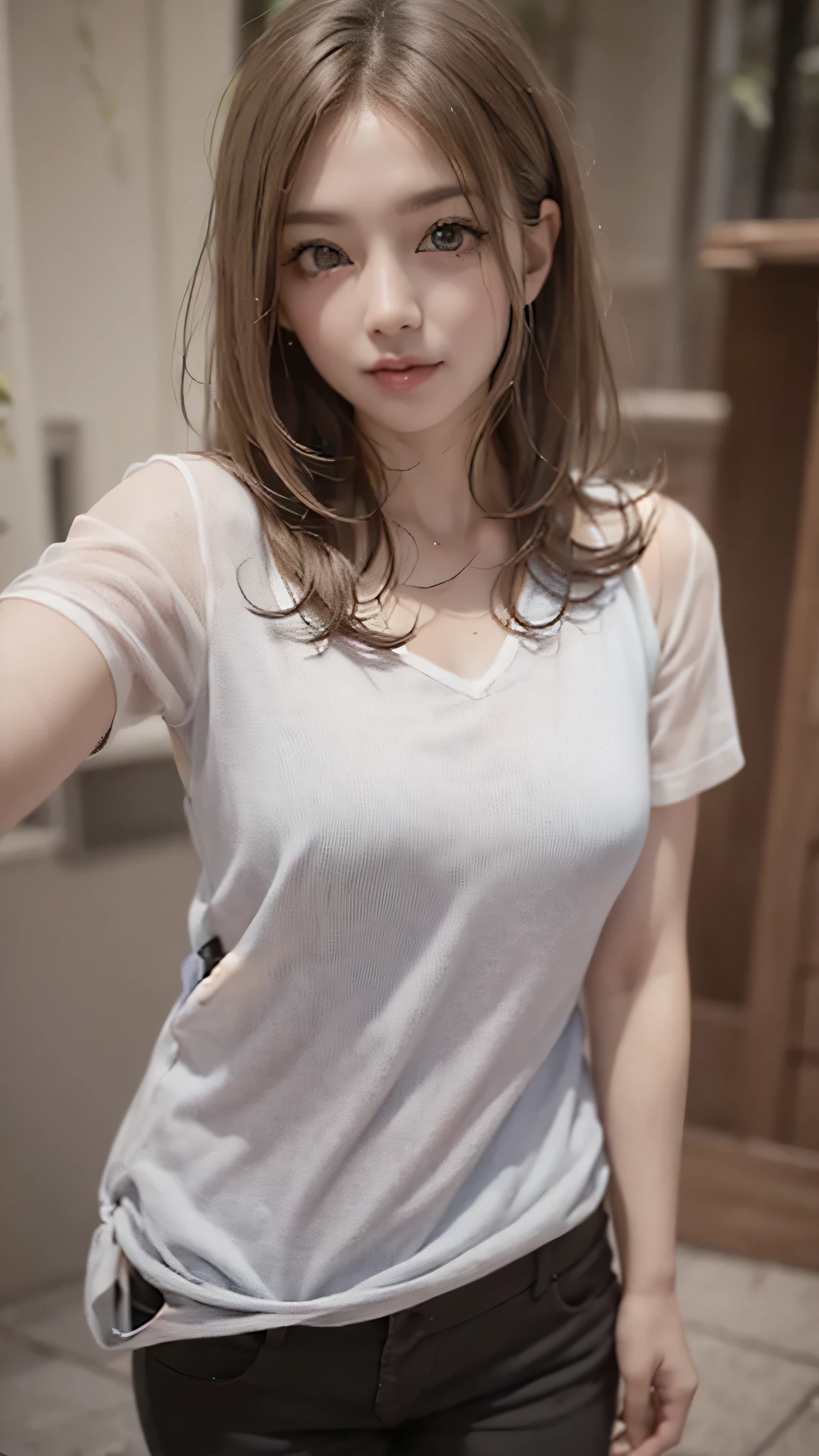 (8K, Best Quality, Masterpiece: 1.2), (Realistic, Photorealistic: 1.37), Ultra Detailed, Soft Light, One Girl, Cute, Solo, Beautiful Details Sky, More Cafe, Open Window, Sitting, Date, Blushing, (Smile: 1.15), (Mouth Closed), Small Breasts, Beautiful Detailed Eyes, Beautiful Detailed Nose, Rain, (Short Hair: 1.5), Floating Novafrog Style, , (Relaxed pose)), cleavage, nipples visible, (relaxed pose)), silver hair, disheveled hair, squinted eyes, thin eyebrows, face, full shot body, ((collared shirt, lace, transparent shirt, shorts)), dark studio, rim lighting, ((raining outside, wet skin, wet window, wet shirt, wet hair, wet window)), blue light, long legs, [black lace underwear],