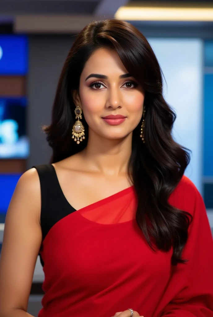 ((best quality)), ((masterpiece)), (detailed), perfect face female news caster in news room reading news pakistani, looking into camera, wearing red and black sarri . smiling face ultra hd