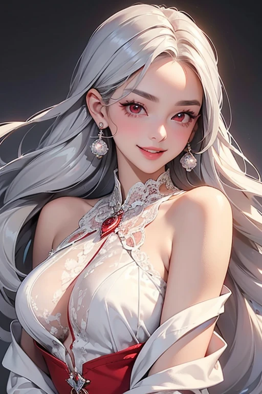 (Best Quality, 8k, 32k, Masterpiece, UHD:1.3), (Photo of Attractive Japanese Woman), ((1 Girl)), ((medium breast:1.3)), Abs, Perfect Body, Ultra Detailed Face, Detailed Lips, Fine Eyes, double eyelids, beautiful girl, jaw-dropping beauty, ((silver long hair:1.2)), ((intricate red miko suit:1.1)), ((close up to upper body)), smiling beautifully, sunlight illuminated her,((shy)),((blushing)), in love