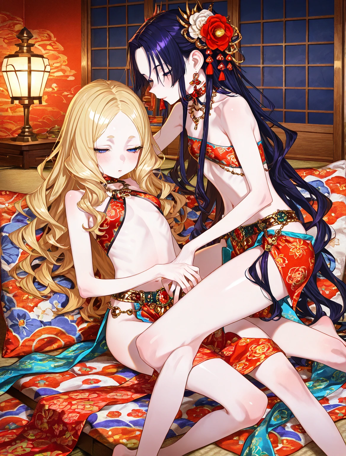 character strictly with two legs, ((masterpiece)), ((best quality)), ((ultra detailed)), delicate, (ultra realistic), 16k wallpaper, ((extremely detailed)), ((american shot)), variety of poses, ((no bra)), ( exposed), ((1girl)), angelic face, very young, short, glass eyes, purple eyes, oily lip, extremely long hair, fluttering in the wind, ((anatomically shaped legs correct) ), ((anatomically correct hands)), perfect hands, (five fingers), (detailed face), (perfect buttperfect face), (perfect body), extremely, ((small breasts)a loving gaze, an expression of longing, intricate flower hair ornaments, (black choker, detailed gold and diamond pendant), ((heels tall)), A huge antique clock, gears, pendulums, antique numbers on the floor, antique porcelain vases, dried flowers in jars, rows of antique wine bottles, antique furniture. fine porcelain, small decorative figures, antique painted paintings, a huge pet dragon