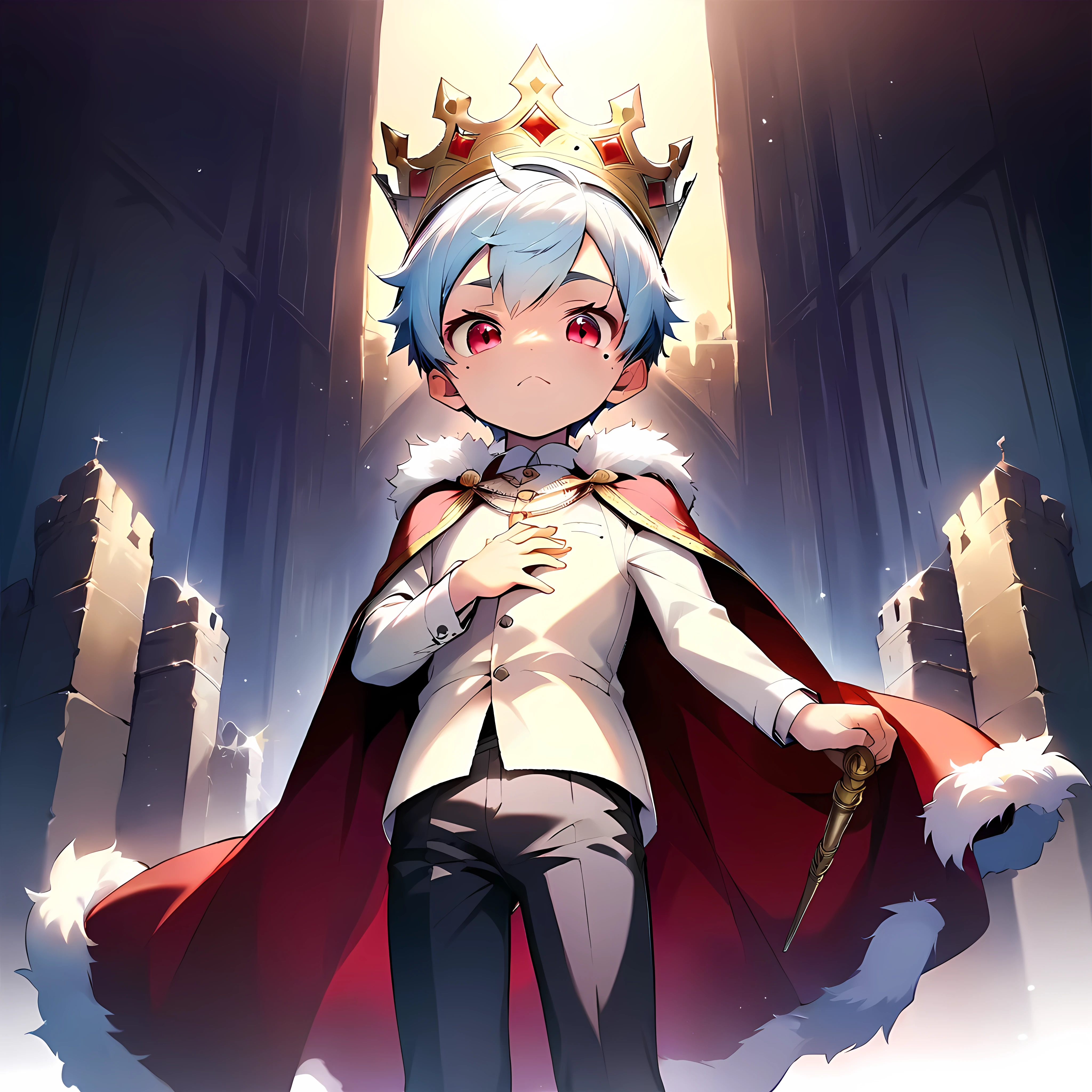 (score_9, score_8_up), (perfect face), (detailed face:1.3), (detailed eyes:1.3), (cute eyes), (shiny eyes), (masterpiece eyes), (cute face:1.2), (1 boy), (shota:1.5), (Standing upright:1.3), (left hand on chest:1.2), (right hand holding sceptre:1.3), (purple shining stone on top of scepter), (crown on head), (3 colors jewelry on crown), BREAK (red cloak:1.3), (fur), (gold dress shirts), (black short pants:1.3), BREAK (light blue hair), (wine red eyes), (black irises), (eyes with highlight:1.2), (mole under eye), (serious), BREAK (castle palace:1.3), (black king chair), (soft white lighting:1.2), (sunburst), (silver necklace), (look at viewer), (soft natural lighting), wind blowing, from below,