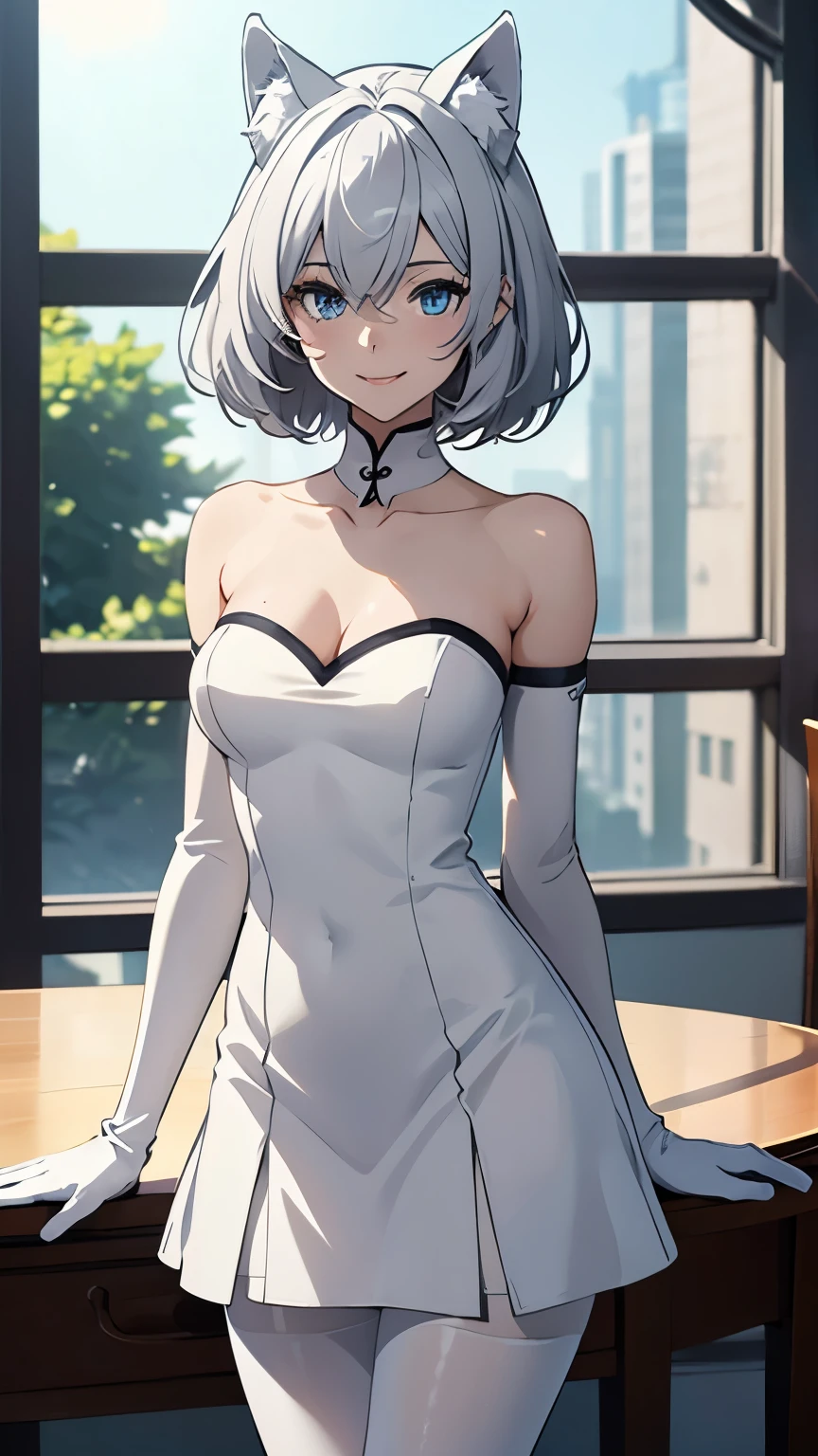 Tabletop Best image quality wonderful Attention to detail One Young Woman((Adult))Anime Style whole body White long dress(Sleeveless)(Strapless)(slit) White long gloves(Elbow hand pockets) White Pantyhose(Plain) White wolf ears short hair((Shortcuts)(Gray Hair)(Curly Hair)(fluffy)) smile(Happy) Eye color is blue background(Hotel) Are standing
