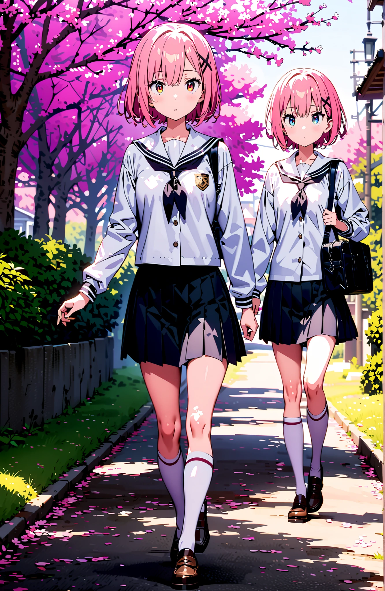 Ram, hair flower, Hair Ornament, hair on one eye, pink hair, Red Eyes, short hair, x Hair Ornament,white sailor suit,long sleeve, black mini pleated skirt ,white thigh high socks,loafers,Student bag 1 :1,cherry blossoms,is walking,morning,full bodyがイラストに入るように,break looking at viewer,full body,
break outdoors, residential area,
break (masterpiece:1.2), best quality in bronze, high resolution, Unity 8Kの壁紙, ( illustration :0.8), (beautiful detailed eyes:1.6), highly detailed face, perfect lighting, highly detailed CG, (perfect hand, perfect anatomy),
