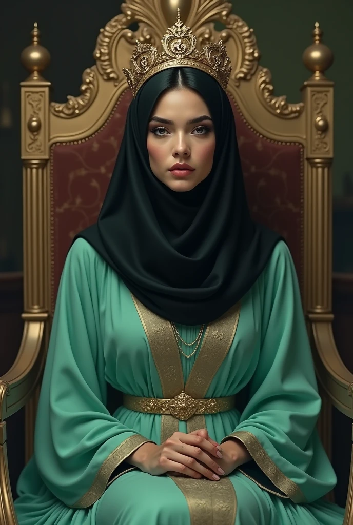 A picture of an unmasked woman wearing a wide mint green dress and a chic black niqab. Naqba Rafeek is sitting on her throne. She is very beautiful wearing a crown with DR written behind her /SONA 