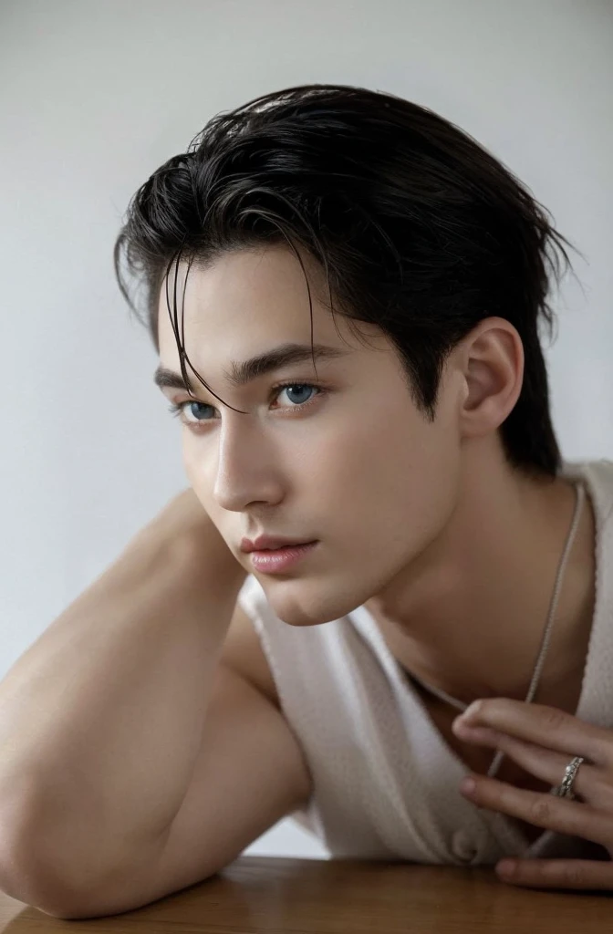 a muscular handsome man, a sexy face, perfect eyes, dark blue formal shirt and pants, a sexy look on his face, looking at the viewers romantically, short hairstyle, light facial hair, smooth skin,