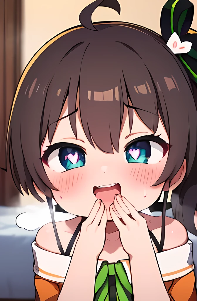 1girl ,Natsuiro matsuri ,side ponytail,heart-shaped pupils ,((evil smile :1.1)),sweat,(((steam:1.2))),((in heat)),orgasm ,open mouth ,(((hand to mouth ))),in the house ,bedroom ,upper body ,front view ,black smoke ,((face focus )),