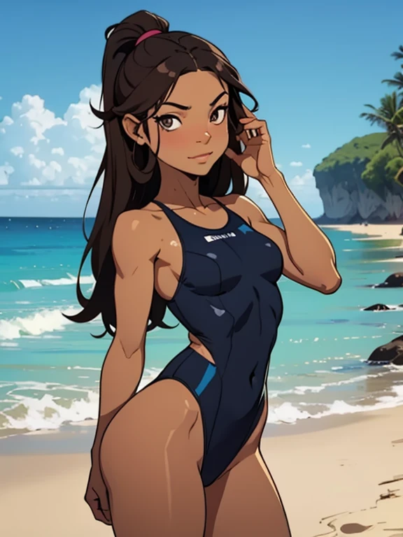 tropical island, beach, palm trees, ocean, beach ball, sand, sky, clouds, sun, sun light, (masterpiece), best quality, 8k, 4k, hd, hires, best quality, masterpiece, ultra-high detailed, hyper-detailed, intricate details, photo-realistic, beautiful details, studio lighting, detailed clothing, highly textured clothing, satin lighting, hyper resolution, insanely detailed, young woman, fit body, nice thighs, swim suit,