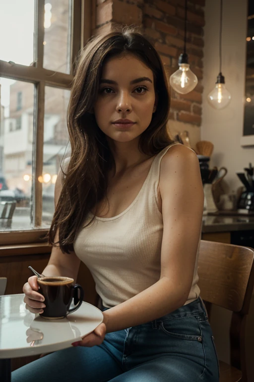The Mona Lisa drinking a latte in an uppity coffee shop