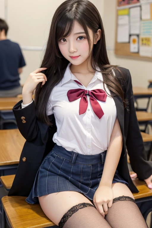 Pale anime waifu style woman, school uniform, undressing, cute face, bright face, smooth skin, blushing cheeks, pubic hair, standing, school board, proportioned body, spread legs, detailed, portrait composition, look at camera, portrait painting, realistic light, ((((lonely))))