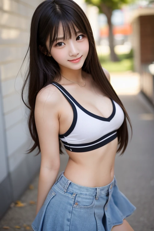 masterpiece, High resolution, Beautiful woman, Korean Beauty, 20-year-old, Cowboy Shot, Hanamaru the kunikida, Large Breasts, View your viewers, V-neck shirt, jeans, garden、Plump thighs