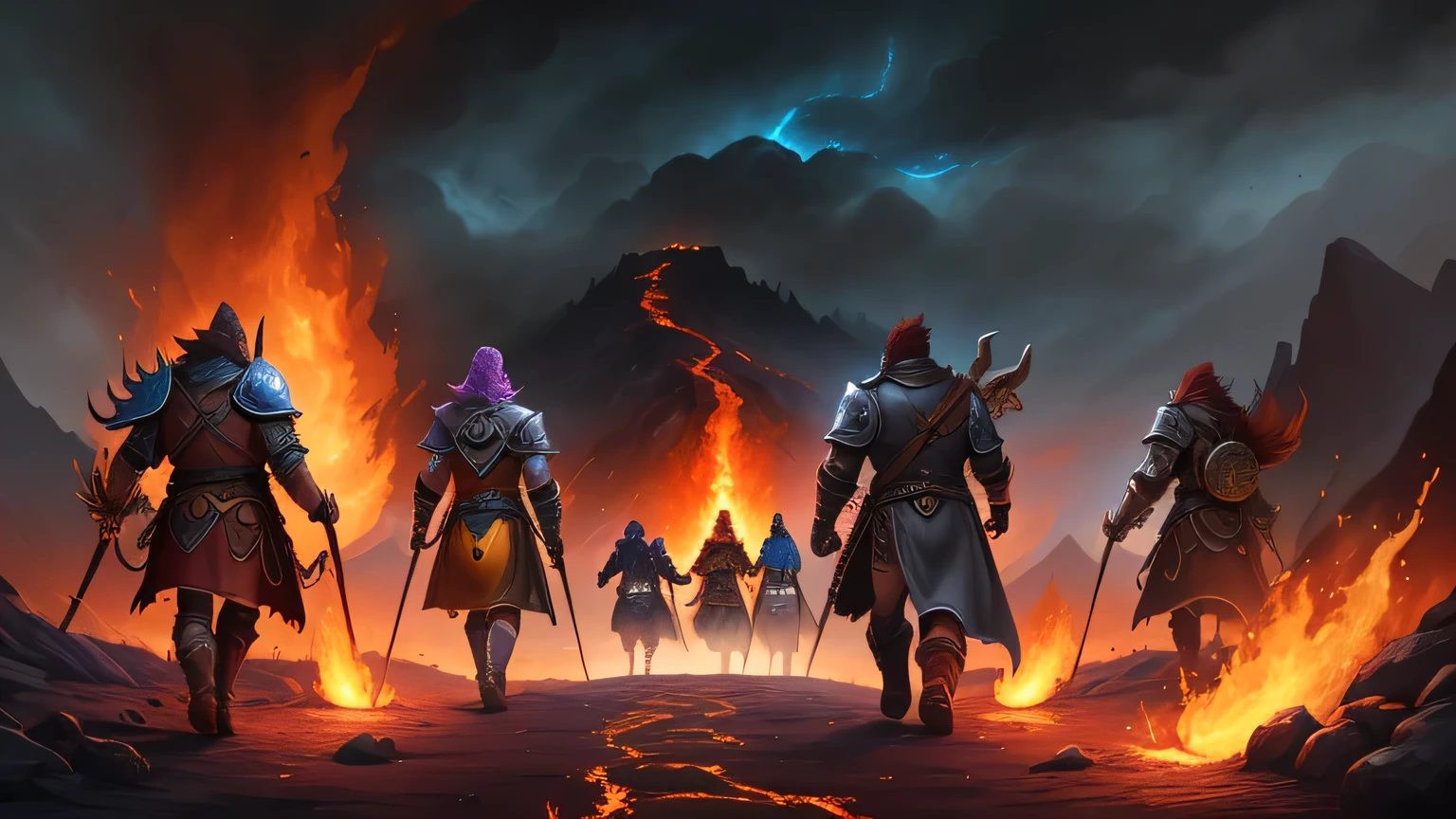 A group of anime-style adventurers reimagined in the World of Warcraft universe. They're walking together on a path towards the fiery, molten depths of Molten Core, with the entrance to the dungeon looming ahead in the distance. The group includes various Alliance races: a dwarf warrior, a night elf hunter, a human paladin, a gnome mage, and a draenei priest, all in epic WoW-style armor with weapons ready. The mood is heroic and adventurous, with a sense of teamwork and excitement, as they march towards the heart of fire and destruction. The landscape is rugged and fiery, with molten lava rivers and glowing torches lighting the path. The sky is dramatic, filled with dark clouds and fiery hues. Fantasy anime art, high detail, vibrant colors, soft lighting, cinematic composition, with a fiery atmosphere befitting the Molten Core. --ar 16:9 --style fantasy-anime --quality ultra --lighting dramatic glow --color vibrant-epic, fiery tones