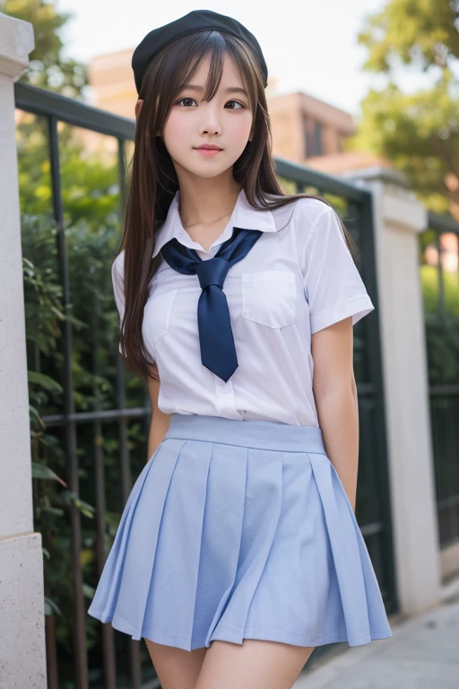 (1girl), kawaii, (round eyes:1.2), (highly detailed face and eyes), (big smile), (school uniform, pleated mini skirt:1.3), summer, (Best Quality:1.4), (Ultra-detailed), (extremely detailed CG unified 8k wallpaper), Highly detailed, High-definition raw color photos, Professional Photography, Realistic portrait, (Surrounded by lots of cute fresh flowers:1.3), focus on the girl, depth of fields, (fine face:1.2),