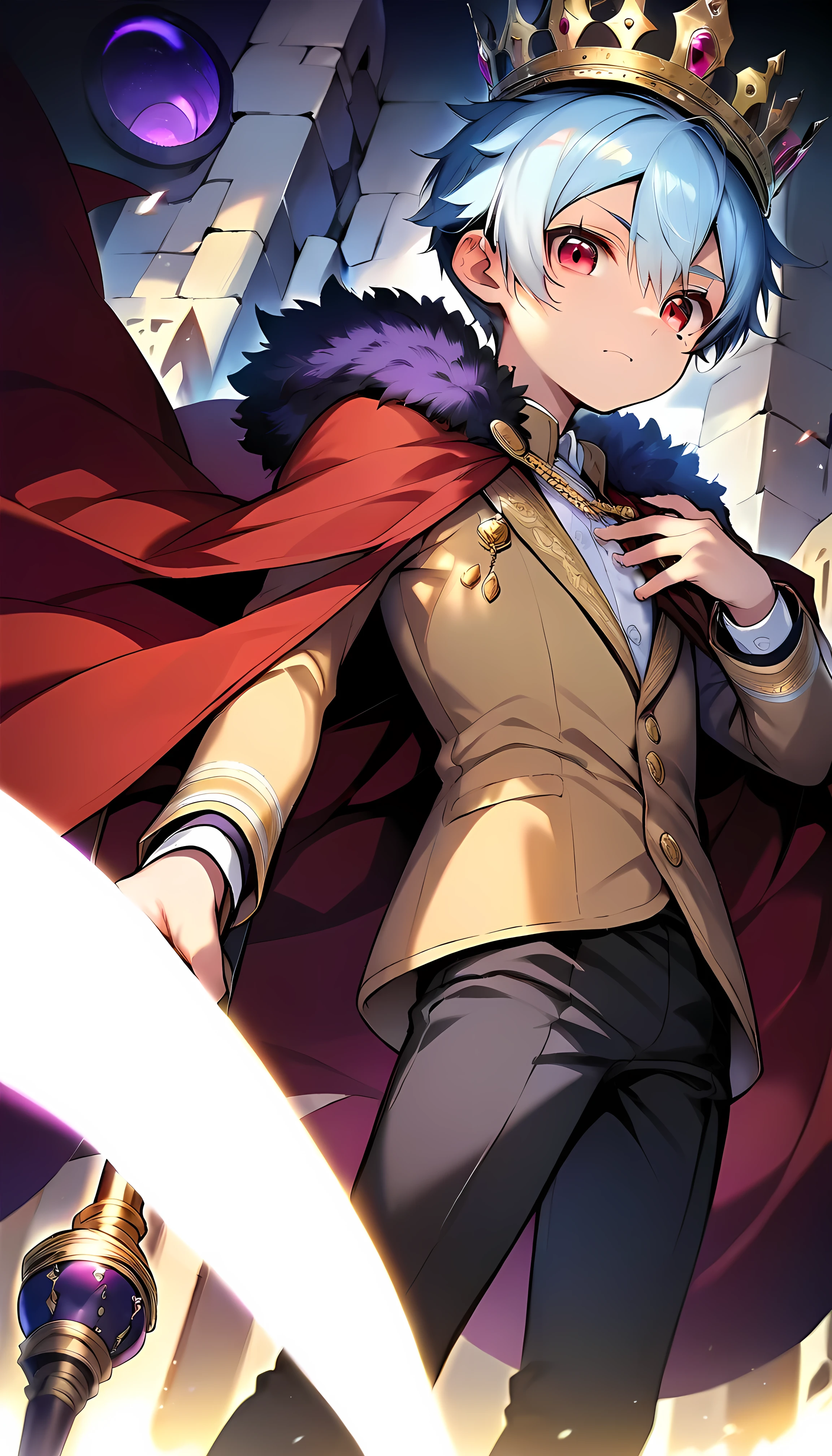 (score_9, score_8_up), (perfect face), (detailed face:1.3), (detailed eyes:1.3), (cute eyes), (shiny eyes), (masterpiece eyes), (cute face:1.2), (1 boy), (shota:1.5), (Standing upright:1.3), (left hand on chest:1.2), (right hand holding sceptre:1.4), (purple shining stone on top of scepter:1.4), (crown on head), (3 colors jewelry on crown), BREAK (red cloak:1.3), (fur), (gold dress shirts), (black short pants:1.3), BREAK (light blue hair), (wine red eyes), (black irises), (eyes with highlight:1.2), (mole under eye), (serious), BREAK (castle palace:1.3), (black king chair), (soft white lighting:1.2), (sunburst), (silver necklace), (look at viewer), (soft natural lighting), wind blowing, from below,