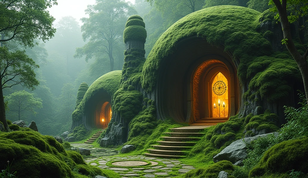 A futuristic sanctuary burrowed under a steep forested hill, with only mossy domes and glowing vine-covered chimneys visible. The home is shaped like an ancient druidic symbol, with geometric moss paths forming sacred patterns around the entrances. A powerful ley line runs through the core, its energy channeled through crystal pillars embedded in the earth. Magical creatures made of mist and light wander the hilltop, attracted to the arcane balance. The roof of the house regenerates and reshapes itself depending on the weather cycle.
