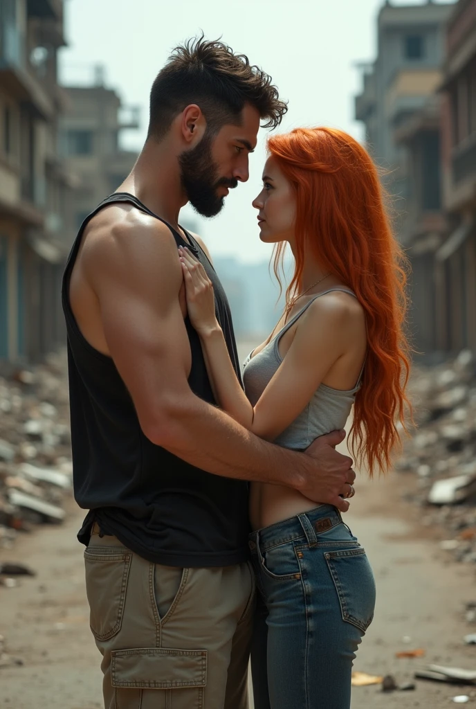 red-haired woman, long hair, blue colored eyes, jeans, botas country marrom. asian man, brawny, shirt folded up to the elbow, jeans escura, cowboy hat and boots