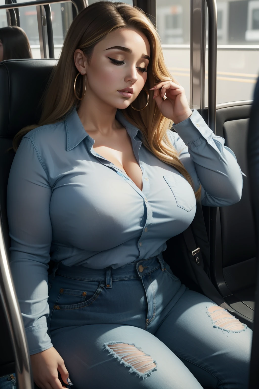 lucy pinder, voluptuous woman, ((VERY INTENSE MAKEUP)), (Adele), neckline, blonde, (Hilary Duff), trenza, blue blouse, sitting in a car, ((mouth wide open)), ((eyes closed)), nurse, sexy, medical.