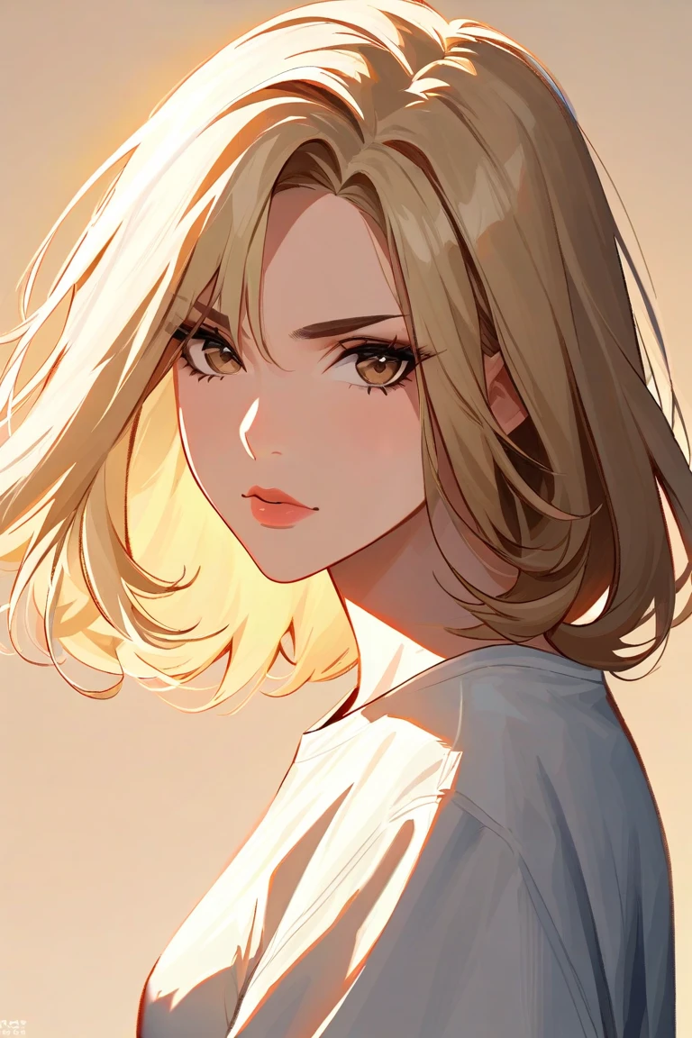 impasto, cool manga style, high quality, extremely detailed, extremely delicate line, amazing color, masterpiece, 1 woman, beautiful, hot, gender-neutral, medium blonde hair, slanted-up brown eyes, slanted-down eyebrows,  fashionable, gentle, kind, mature, good atmosphere, perfect background, pixiv art