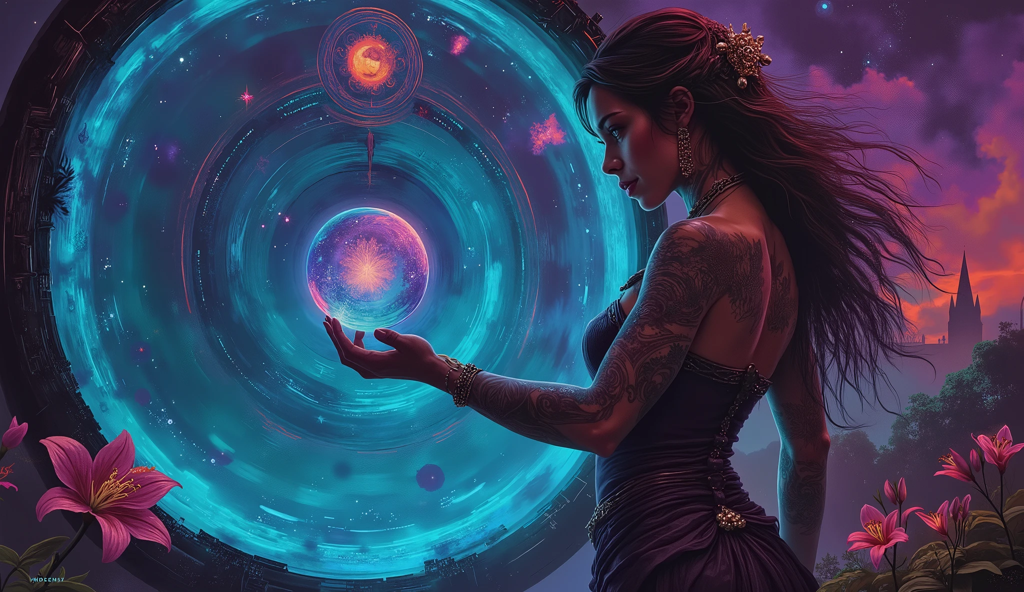 a beautiful tattooed woman as a mystical sorceress. The background is the univers with intricate luminous magical symbols. The figure is posed gracefully with lillies, holding a glowing orb. The art evokes a sense of wonder and enchantment. In the style of classic fantasy art, with a touch of Art Nouveau. Soft, ethereal colors and intricate details enhance the overall beauty and mystique.