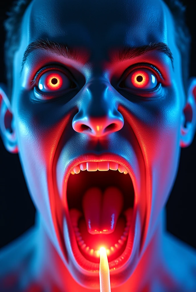 Terrifying human brain, scary and developed brain, bright cerebral veins generating electrical discharges, the environment is dark, there is a lot of fog in the environment, the only light comes from the brain