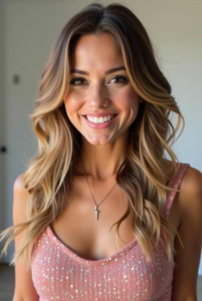 <lora:Janie_Dickens:0.9> (professional photo), (full body shot), masterpiece, detailed clothing texture, best quality, (JanieD:1.3), a 28y old woman, athletic, ((blonde) hair), (plain tshirt:1.2), cargo shorts, choker, looking at camera, smiling, 1girl, solo, detailed eyes, detailed teeth, artificial lighting, (((on a stage, glitter curtain behind))), kkw-ph1, [kkw-skin-det]