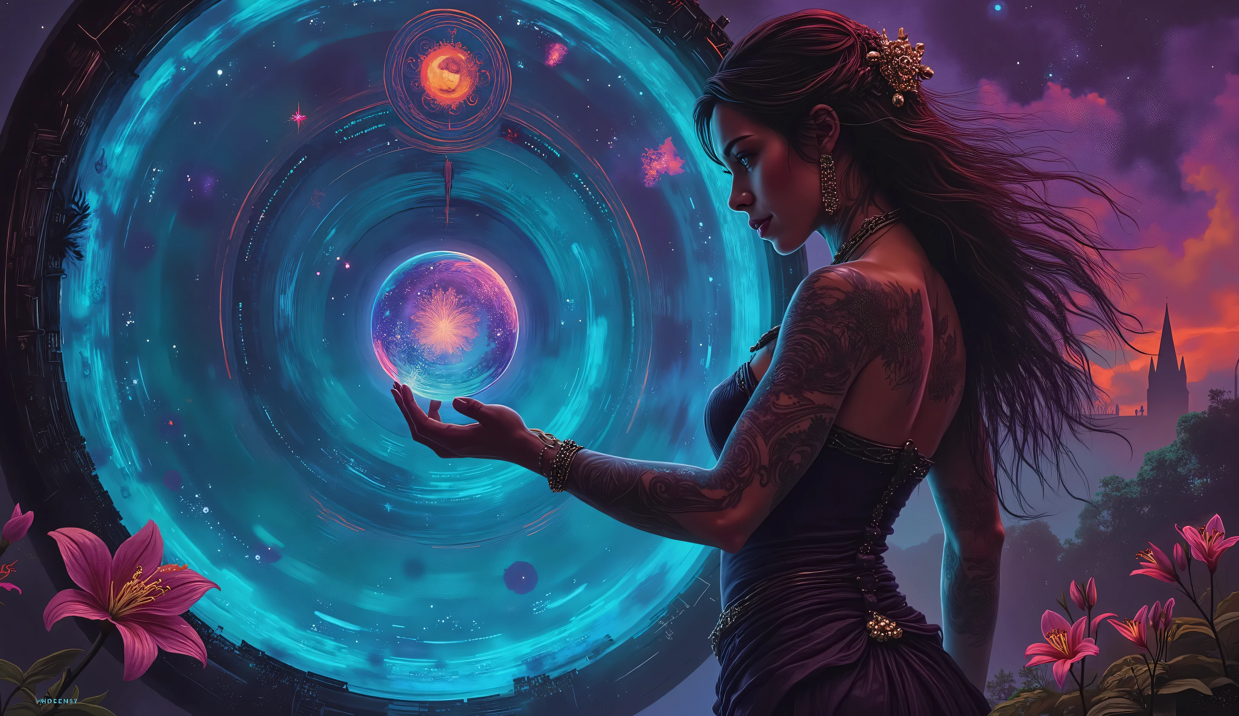 a beautiful tattooed woman as a mystical sorceress. The background is the univers with intricate luminous magical symbols. The figure is posed gracefully with lillies, holding a glowing orb. The art evokes a sense of wonder and enchantment. In the style of classic fantasy art, with a touch of Art Nouveau. Soft, ethereal colors and intricate details enhance the overall beauty and mystique.