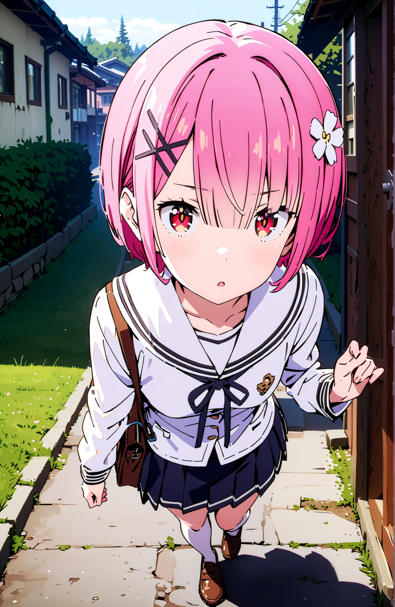 Ram, hair flower, Hair Ornament, hair on one eye, pink hair, Red Eyes, short hair, x Hair Ornament,white sailor suit,long sleeve, black mini pleated skirt ,white thigh high socks,loafers,Student bag 1 :1,cherry blossoms,is walking,morning,full bodyがイラストに入るように,break looking at viewer,full body,
break outdoors, residential area,
break (masterpiece:1.2), best quality in bronze, high resolution, Unity 8Kの壁紙, ( illustration :0.8), (beautiful detailed eyes:1.6), highly detailed face, perfect lighting, highly detailed CG, (perfect hand, perfect anatomy),