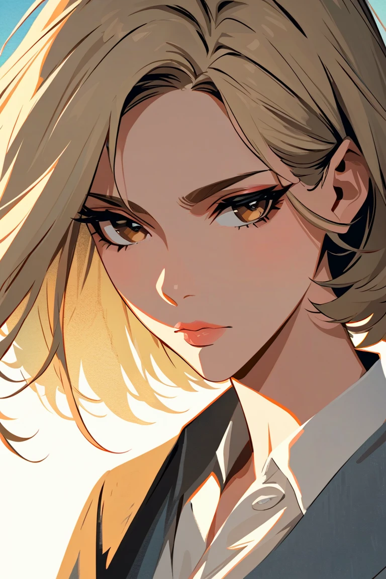 impasto, cool manga style, high quality, extremely detailed, extremely delicate line, amazing color, masterpiece, 1 woman, beautiful, hot, gender-neutral, medium blonde hair, upturned brown eyes, lowered eyebrows,  fashionable, gentle, kind, mature, good atmosphere, perfect background, pixiv art