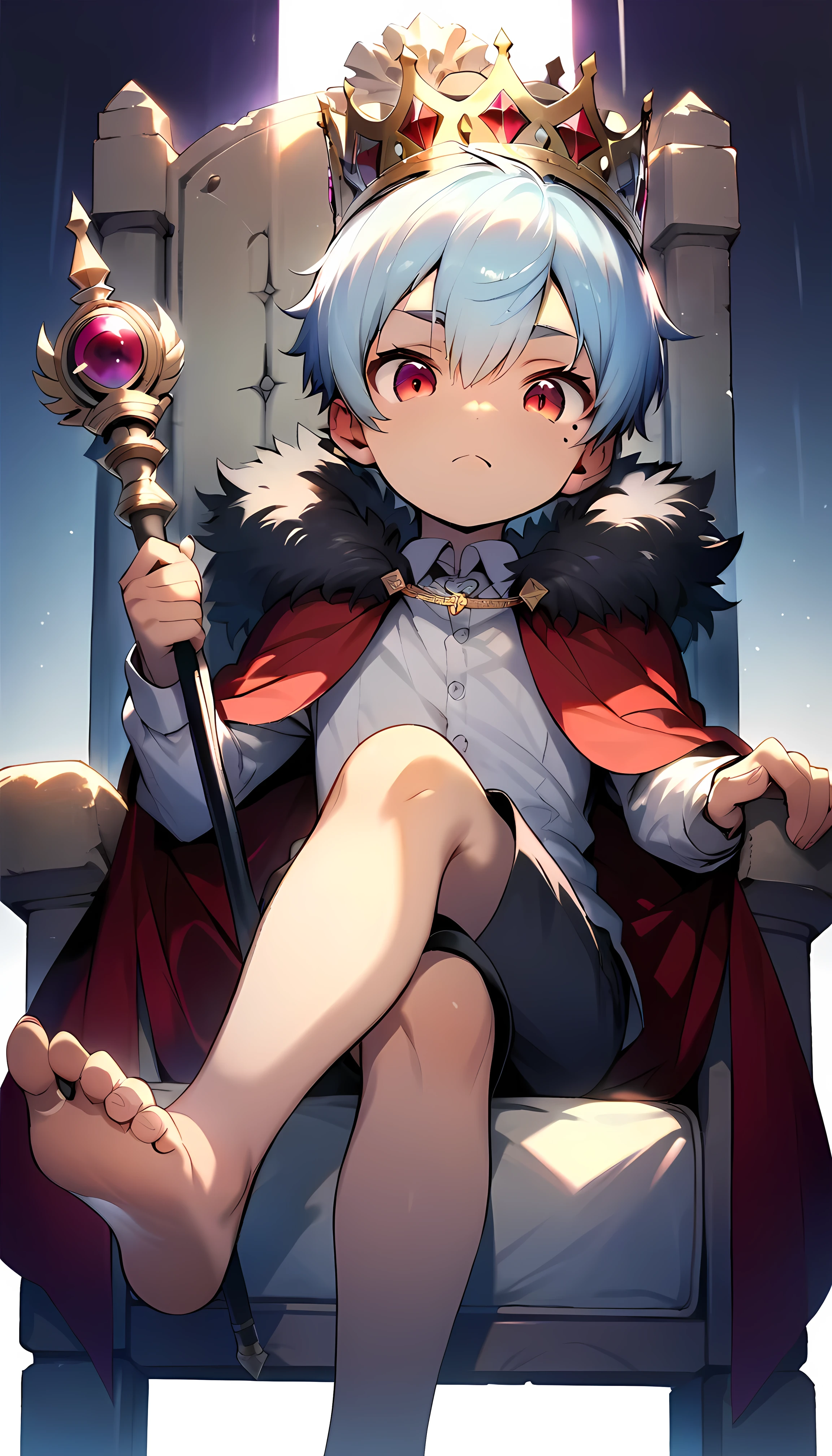 (score_9, score_8_up, score_7_up), (perfect face), (detailed face:1.3), (detailed eyes:1.3), (cute eyes), (shiny eyes), (masterpiece eyes), (cute face:1.2), (1 boy), (shota:1.5), (sitting on king chair:1.3), (leg crossed:1.3), (barefoot:1.2), (right hand holding sceptre:1.2), (purple shining stone on top of scepter:1.2), (crown on head), (diamond on crown), BREAK (red cloak:1.3), (fur), (gold dress shirts), (black short pants:1.3), BREAK (light blue hair), (wine red eyes), (black irises), (eyes with highlight:1.2), (mole under eye), (serious), BREAK (castle:1.3), (black king chair), (soft white lighting:1.2), (sunburst), (silver necklace), (look at viewer), (soft natural lighting), wind blowing, from below,