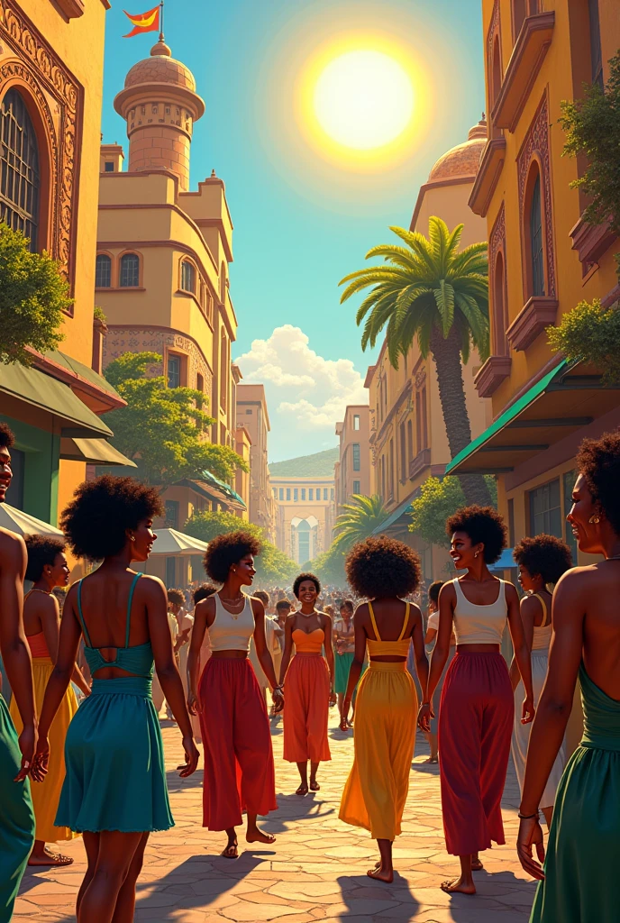 create an image about this paragraph 
A vibrant city with architecture inspired by African ancestry, black people smiling, dancing and creating art under the sun,  celebrating your culture .