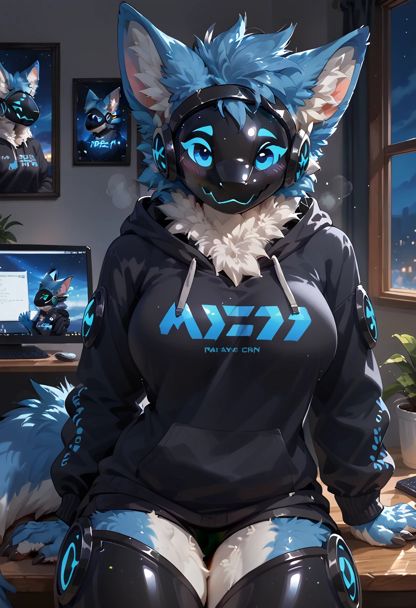 score_9, score_8_up, score_7_up, score_6_up, score_5_up, score_4_up, female, rating_safe, source_furry, wears only long hoodie, 1girl, anthro furry, tail, detailed fur, detailed eyes, eyelashes, date, bedroom eyes, sexy, seductive, focused, cute, blushing happily, slim, big breasts, thick thighs, she is sitting in her apartment at night and playing online computer rpg game with her mouse and keyboard, surrounded by multiple devices, she is taller than you, climax ((Ultra-HD-detailed)), g5, photorealistic, sky blue fur, body fur, fluffy fur, tuft, pale chest, ((muscular)), protogen visor, protogen face, protogen sky blue eyes, cold air, looking directly at you
